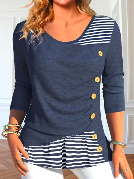 Plus size Crew Neck Striped Casual Shirt, Shirts & Blouses, color:Purplish blue|size:4X, JustFashionNow