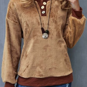 Casual Half Open Collar Color Block Sweatshirt, Hoodies & Sweatshirts, color:Khaki|size:XL, Noracora