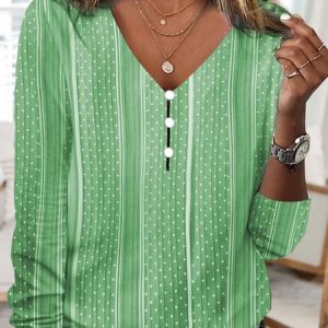 Casual Striped Crew Neck Long Sleeve T-shirt, T-shirts, color:Green|size:XXL, Noracora