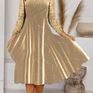 Jersey Crew Neck Polka Dots Dress, Formal Dresses, color:Golden|size:XXL, JustFashionNow