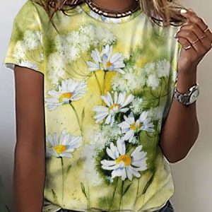 Women's Casual Daisy Floral Print T-Shirt, T-shirts, Lilicloth.com