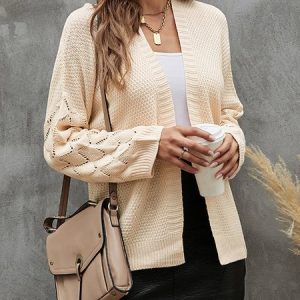 Women Nylon Plain Long Sleeve Comfy Casual Cardigan, Cardigans, color:Apricot|size:XL, Noracora