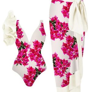 Flouncing Floral V Neck Vacation One Piece With Cover Up, Swimsuit with Coverups, color:Rose Red|size:XXL, Stylewe