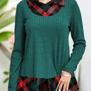 Shawl Collar Casual Plaid Shirt, Shirts & Blouses, color:Green|size:XXL, JustFashionNow