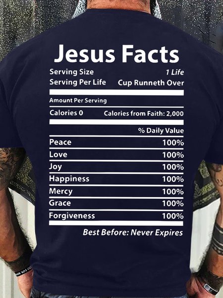 Men's Funny Jesus Facts Graphic Printing Text Letters Crew Neck Casual Cotton T-Shirt, color:Purplish blue|size:3XL, Lilicloth.com