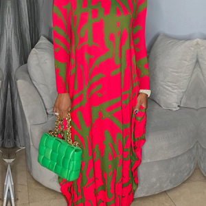 High Elasticity Casual Crew Neck Long sleeve Loose Abstract Maxi Dress, Maxi Dresses, color:Red|size:XXL, Stylewe