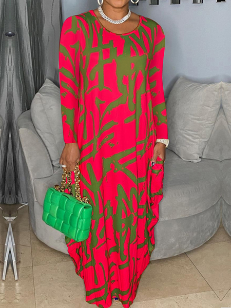High Elasticity Casual Crew Neck Long sleeve Loose Abstract Maxi Dress, Maxi Dresses, color:Red|size:XXL, Stylewe