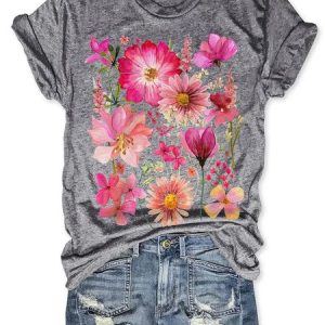 Women's Vintage Pressed Flowers Cotton Crew Neck Simple T-Shirt, color:Light Gray|size:3XL, Lilicloth.com