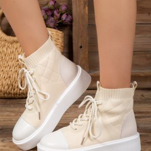Solid Color High Elastic Flying Weave Splicing PU Lace-up Casual Boots, Sneakers, color:Beige|size:43, JustFashionNow