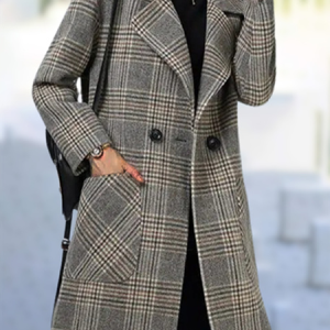 Lapel Collar Long Sleeve Plaid Buckle Regular Loose Coat For Women, Coats, color:Khaki Gray|size:4XL, Noracora