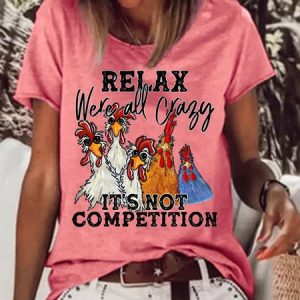 Women's Funny Chicken Relax Were All Crazy It'S Not Competition Graphic Printing Cotton-Blend Casual Text Letters Crew Neck T-Shirt, color:Red|size:3XL, Lilicloth.com