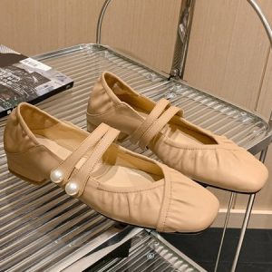 Pearl buttons Crinkled leather Square toe Mary Jane flats, Pumps, color:Apricot|size:40, Stylewe