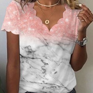 Ombre Casual V Neck Loose T-Shirt, T-Shirts, color:Pink|size:XXL, JustFashionNow