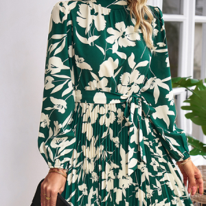 Women Floral Crew Neck Long Sleeve Comfy Vacation Short Dress, Short, color:Green|size:XL, Noracora