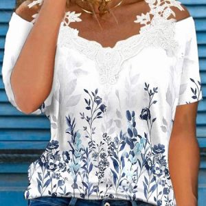 Floral Casual Cold Shoulder Loose Shirt, Shirts & Blouses, color:Blue|size:XXL, JustFashionNow