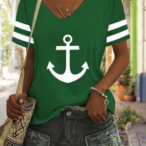 Sea Casual V Neck Anchor Nautical T-Shirt, JustFashionNow T-Shirts, color:Green|size:XXL,