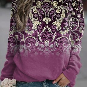 Casual Crew Neck Ethnic Sweatshirt, Hoodies & Sweatshirts, color:Pink|size:3XL, Noracora