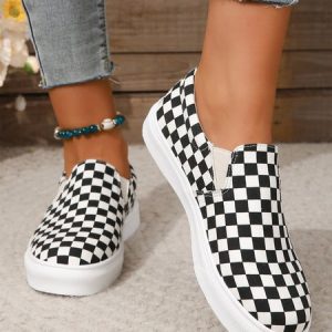 Plaid Print Casual Slip On Canvas Shoes, Sneakers, color:Black|size:43, JustFashionNow