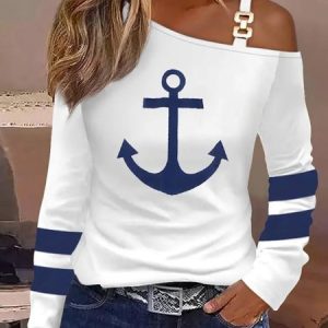 Casual Anchor One Shoulder Long Sleeve T-shirt, T-shirts, color:White|size:XXL, Noracora