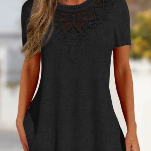 Lace Regular Fit Casual Plain Shirt, Shirts & Blouses, color:Black|size:XXL, JustFashionNow