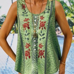 Ethnic Boho Buttoned Loose Tank Top, Tanks & Camis, color:Blue|size:XXL, JustFashionNow