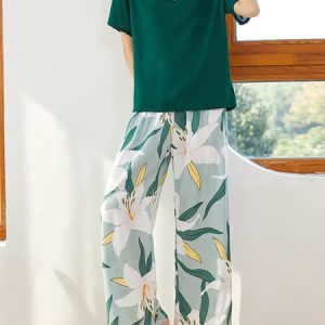 Breathable Comfortable Floral Casual Loose Pajama Set, Loungewear & Sleepwear, color:Green|size:XL, JustFashionNow