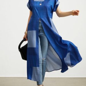 Crew Neck Geometric Casual Regular Fit Shirt, Blouses and Shirts, color:Blue|size:XXL, Stylewe