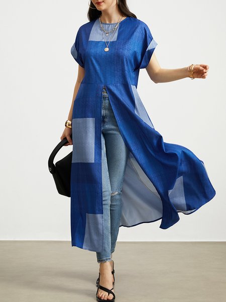 Crew Neck Geometric Casual Regular Fit Shirt, Blouses and Shirts, color:Blue|size:XXL, Stylewe