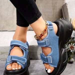 Women Hook-and-loop Fastener Flatform Sport Sandals, Sandals, color:Denim Blue|size:42, JustFashionNow