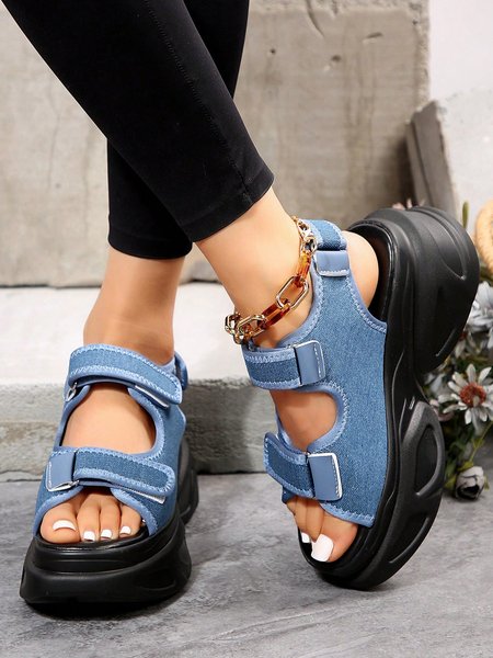 Women Hook-and-loop Fastener Flatform Sport Sandals, Sandals, color:Denim Blue|size:42, JustFashionNow