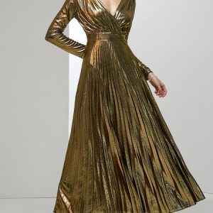 Regular Fit Party Plain V Neck Party Dress, Maxi Dresses, color:Golden|size:XXL, Stylewe