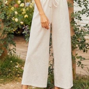 Casual Plain Mid Waist Long Wide Leg Pants, Pants, color:Off White|size:3XL, Noracora