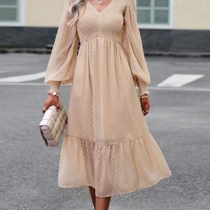 Women Plain V Neck Long Sleeve Comfy Casual Jacquard Midi Dress, Midi, color:Apricot|size:XL, Noracora