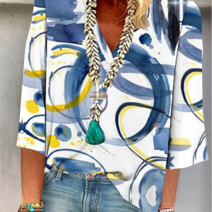 V Neck Abstract Printed Casual Shirt, Shirts & Blouses, color:White|size:XXL, JustFashionNow