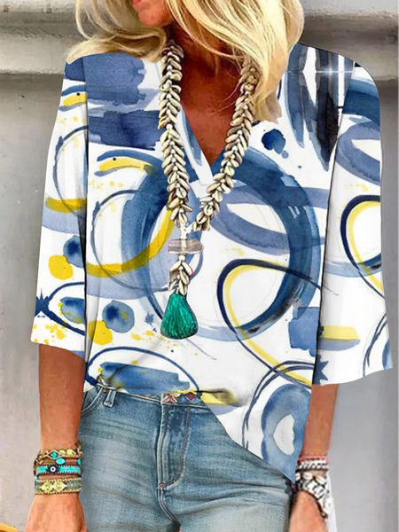 V Neck Abstract Printed Casual Shirt, Shirts & Blouses, color:White|size:XXL, JustFashionNow