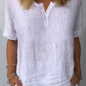 Linen Buttoned Half Open Collar Shirt, Shirts & Blouses, color:White|size:XS, JustFashionNow
