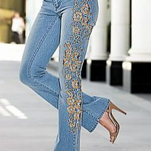 Denim Regular Fit Floral Casual Jeans, Denim&Jeans, color:Blue|size:XXL, Noracora