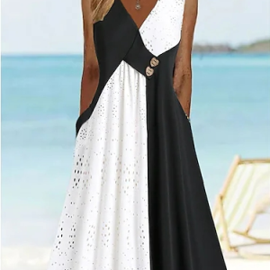 Plain Casual V Neck Loose Dress, Midi, color:Black-white|size:XXL, Noracora
