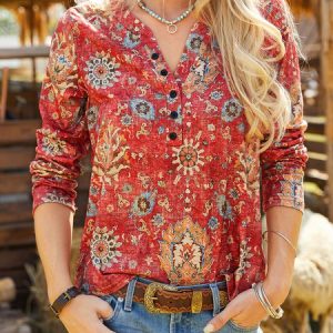 Boho V Neck Ethnic Floral T-Shirt, T-Shirts, color:Red|size:XXL, JustFashionNow