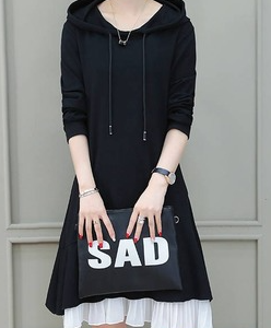 Women Plain Hoodie Long Sleeve Comfy Casual Split Joint Midi Sweashirt Dress, Sweashirt Dress, color:Black|size:4XL, Noracora