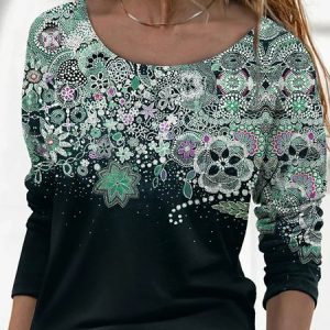 JFN Crew Neck Cotton Floral-Print Long Sleeve Black Shirts&Tops, T-Shirts, color:Black|size:XXL, JustFashionNow