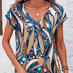 Cotton V Neck Casual Geometric Allover Print Batwing Sleeve Shirt, Shirts & Blouses, color:Navy Blue|size:XXL, JustFashionNow