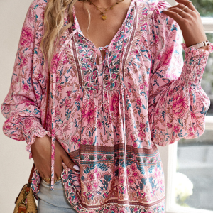 Loose V Neck Floral Casual Shirt, Shirts & Blouses, color:Pink|size:XXL, JustFashionNow