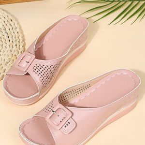 Vintage Hollow Buckle Design Wedge Slippers, Sandals, color:Pink|size:43, JustFashionNow