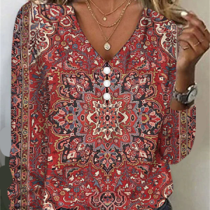 Women's Long Sleeve Tee T-shirt Spring/Fall Nationality/ethnic Jersey V Neck Daily Going Out Casual Top, JustFashionNow T-Shirts, color:Red|size:XXL,