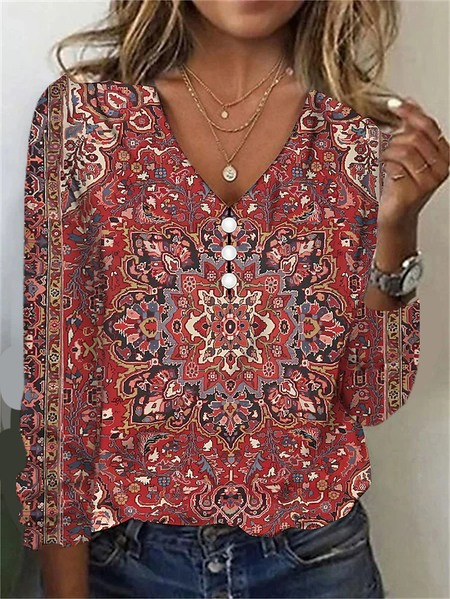 Women's Long Sleeve Tee T-shirt Spring/Fall Nationality/ethnic Jersey V Neck Daily Going Out Casual Top, JustFashionNow T-Shirts, color:Red|size:XXL,