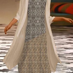 Women Ethnic Crew Neck Three Quarter Sleeve Comfy Casual Coat With Cami Two-Piece Set, Sets, color:Khaki|size:3XL, Noracora