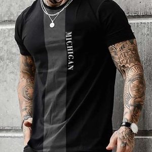 Men's Casual Striped Lettering Round Neck Short Sleeve T-Shirt Everyday Vacation Clothing, T-Shirts, color:Black|size:3XL, JustFashionNow
