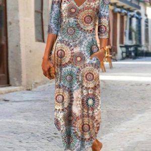 Geometric Casual Autumn Long 1 * Dress Standard Half sleeve Regular Regular Size Dress for Women, Maxi, color:Multicolor|size:XXL, Noracora