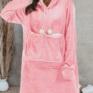 Plain Pocket Stitching Loose Casual Nightdress, Pajamas, color:Pink|size:L, Noracora